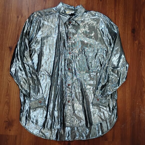 Vintage Year Of Silver Metallic Long Sleeve Button Shirt - Picture 2 of 5